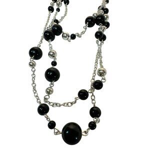 Black Silver Necklace Multi-Strand Beaded Chunky Beads Layered Career Statement